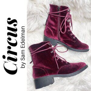 CIRCUS BY SAM EDELMAN Dawson Red Velvet Studded Combat Boot, Size 7